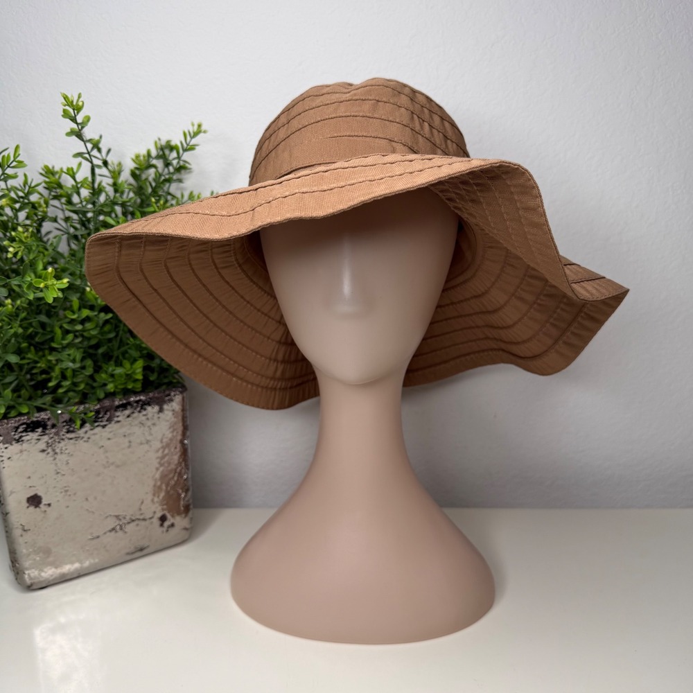 Scala Sun Hat Womens Tan Wide Brim Bow Ribbed Packable Coastal OS